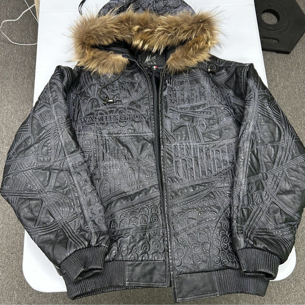 Max U.S.A. Leather Bomber Jacket womans 2X Black City Map Embossed Fox Fur Hood